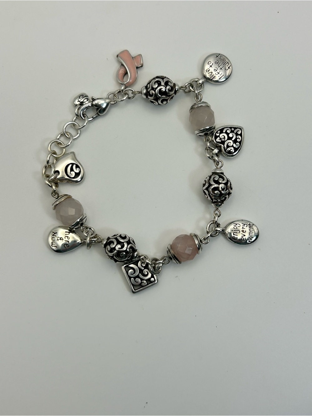 Brighton Power of Pink Charm Bracelet Quartz Beads 8” Silver Plated 2007